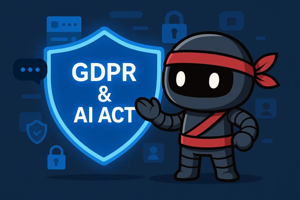 NinjaiBot mascot protecting chatbot data under GDPR and EU AI Act.